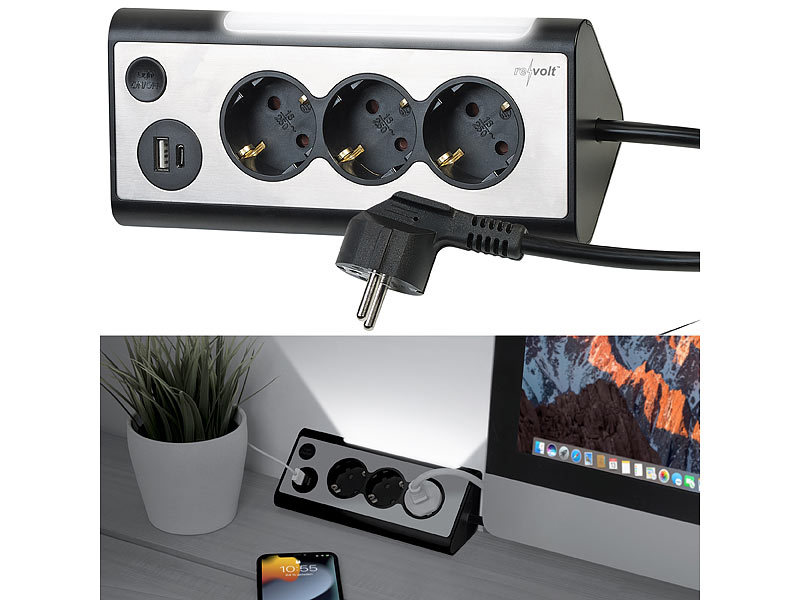 revolt 3-fach-Eck-Steckdosenleiste mit 2 USB-Lade-Ports und LED-Nachtlicht