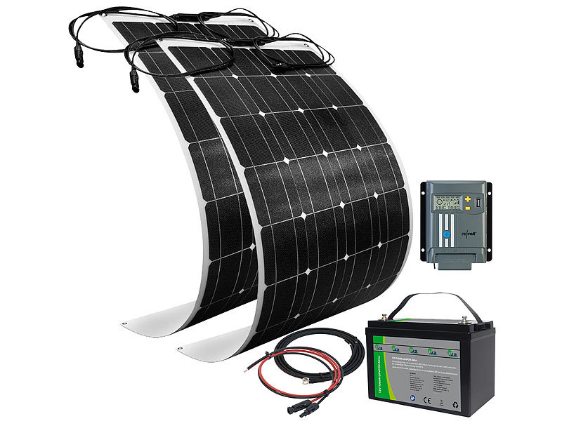 revolt Solaranlagen-Set: MPPT-Laderegler, 2x 100W-Solarmodul und  LiFePo4-Akku