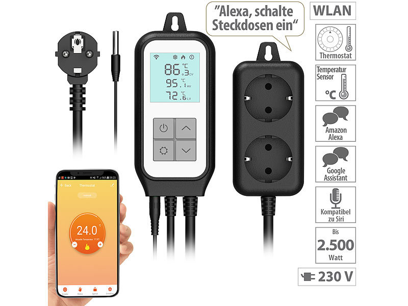 revolt WLAN-Steckdosen-Thermostat für 2 Geräte, Sensor,  App,Versandrückläufer