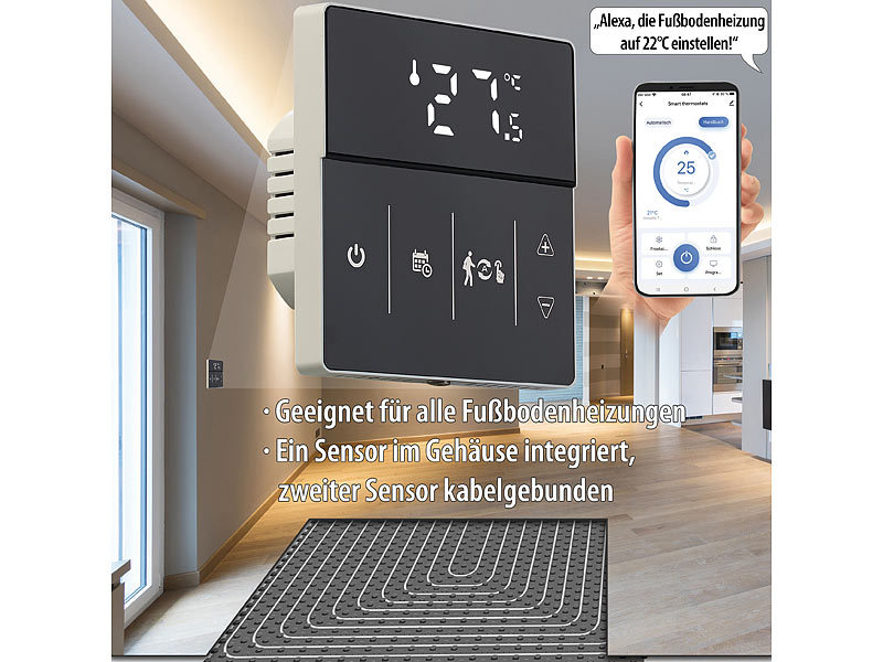 revolt Temperaturregler: WLAN-Steckdosen-Thermostat für Heizgeräte, App,  Sprachbefehl, Sensor (Steckdose mit Temperatursensor)