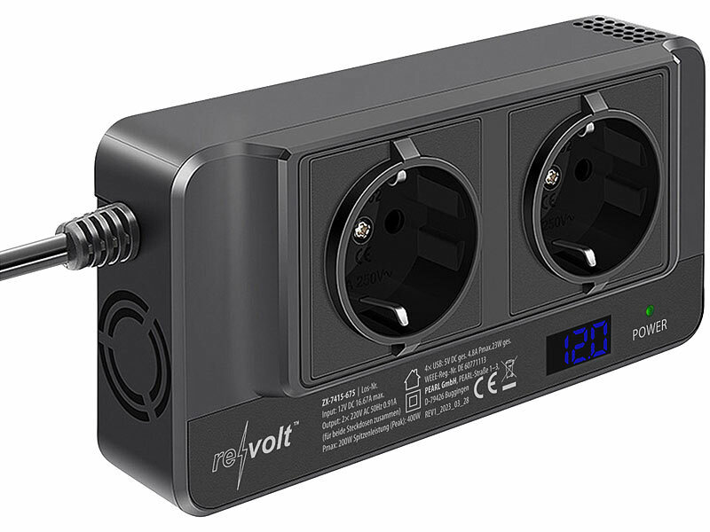 revolt 200W-Kfz-Wechselrichter Steckerleistef 2x 230V, 4x USB, 400W Spitze