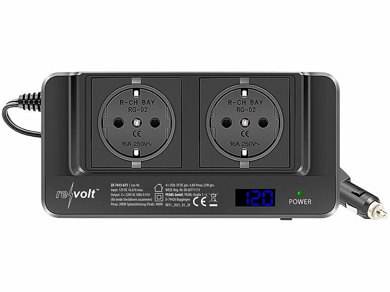 revolt 200W-Kfz-Wechselrichter Steckerleistef 2x 230V, 4x USB, 400W Spitze