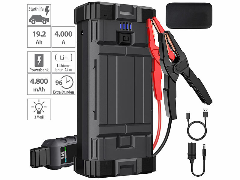 revolt Kfz-Starthilfe-Powerbank bis 10l Hubraum, 4.000A, 19,2Ah Akku