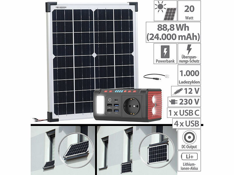 revolt Fensterbank-Solarkraftwerk: Powerstation mit 20-W-Modul, 88,8 Wh,  120W