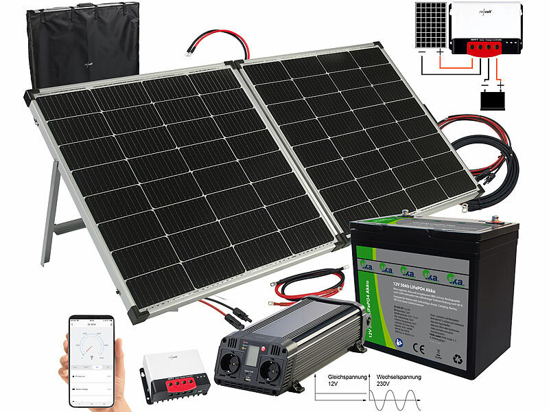 revolt Inselanlage: Solar-Set: Wechselrichter 230 V, Akku, Laderegeler &  240-W-Solarpanel (Balkonkraftwerk mit Speicher)